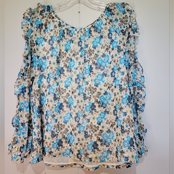 Ann Taylor Factory Tops - 😎 Ann Taylor Factory Blue and White Ruffled Flutter Sleeve Blouse